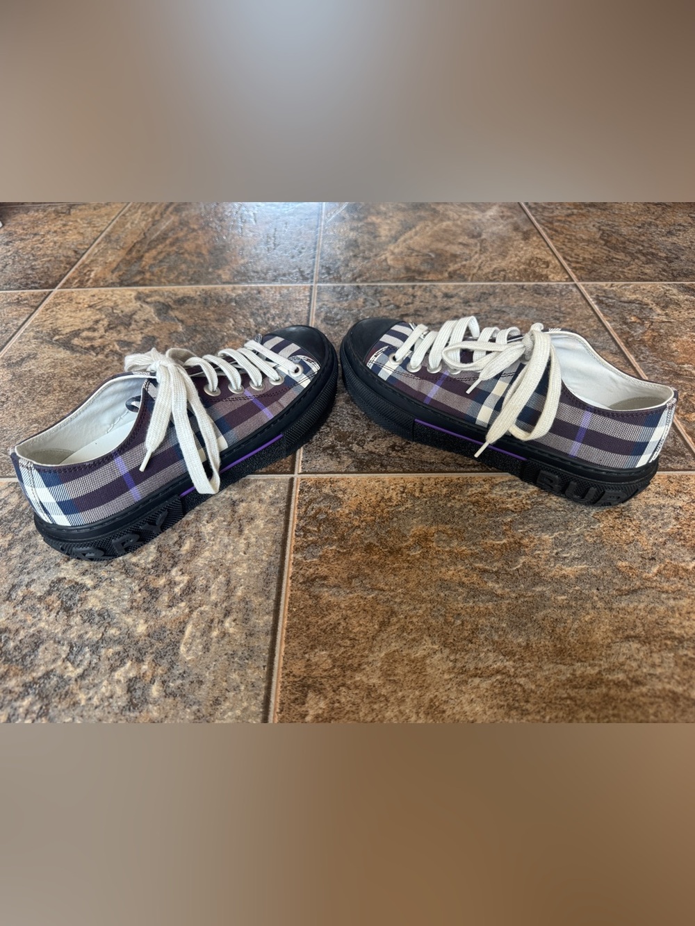 Burberry Jack Check Plaid Low Top Logo Sneakers- Purple, Women’s Size 7.5